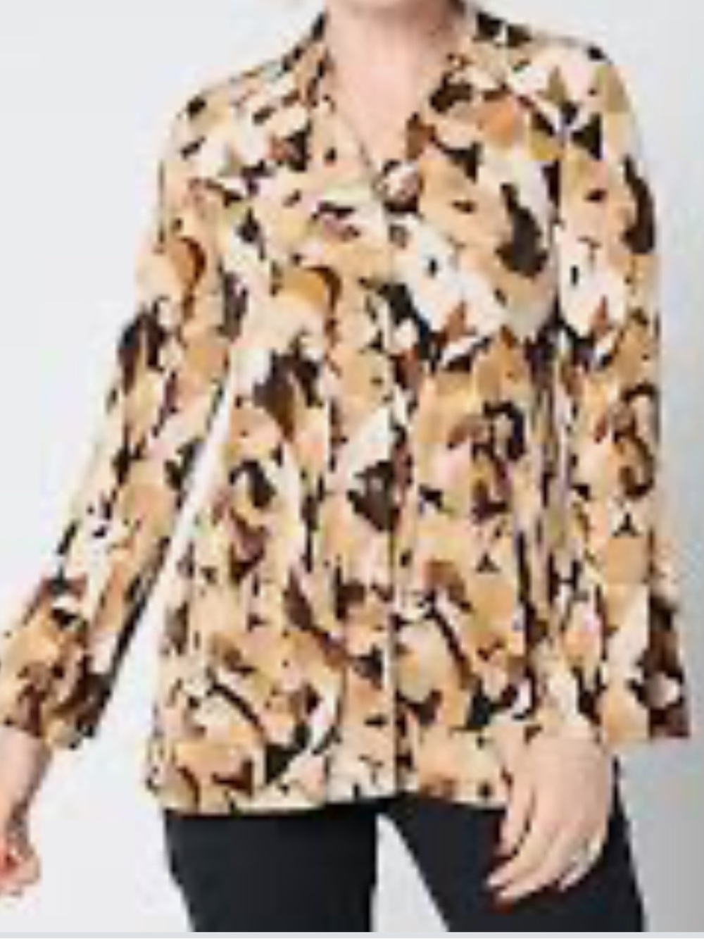 Susan Graver Tan Brown Black Abstract-Print Button-Down Top - Picture 3 of 3